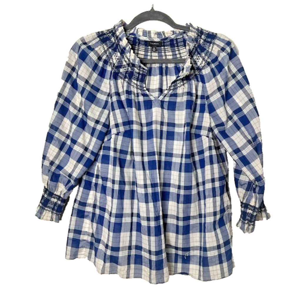 Talbots Blue Plaid Top Medium 3/4‎ Sleeve Smocked Peasant Country Flowy
